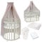 Waldin Oval Baby-Bett Mitwachsend Komplett Set 7in1, Gitterbett, Kinderbett mit Matratze, Wickelkommode, Beistellbett, Holz Olive, Stoffe Taupe Zweige