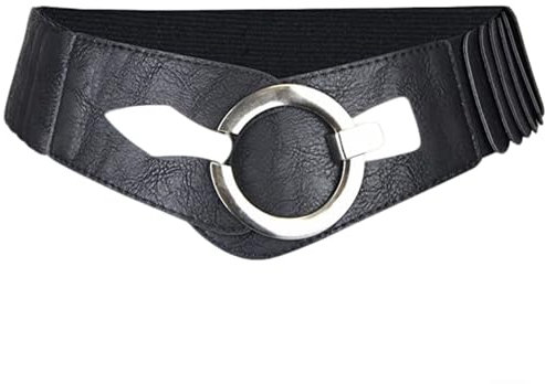 Axvxby Modischer elastischer Damen-Gürtel mit silberner Doppel-Ringschnalle - 6 cm breiter Taillen- & Hüftgürtel in Vintage-Optik, Stretch-Gürtel für Kleider & Röcke