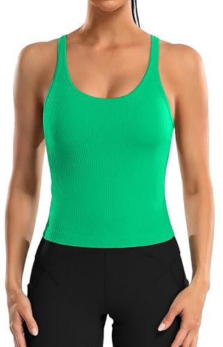 Attraco Damen Tanktop Workout mit Built-in BH Yoga Racerback Tank Top Sport Top Fitness Shirt Running T-Shirts Laufen Workout Gym Grün M