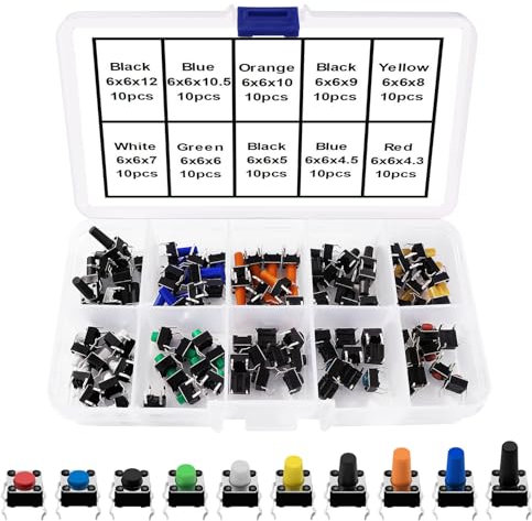 VooGenzek 100 Piezas 10 Valores 6x6mm Interruptor de Boton Momentaneo Tactil, Pulsador Táctil Interruptor Micro Momentáneo Tacto Kit, Multicolor