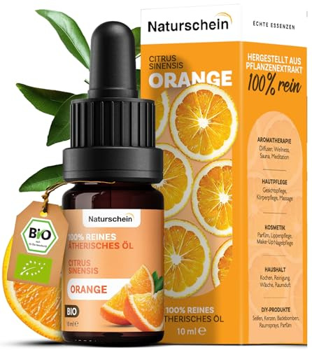 Naturschein BIO Orangenöl 10ml [100% Naturrein] | Ätherisches Öl für Aromatherapie, Hautpflege & Küche | In Lebensmittelqualität & Vielseitig Anwendbar | Aus Italien (Citrus Sinensis)