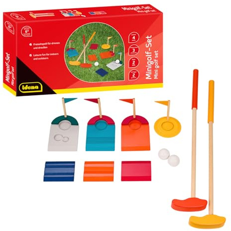 Idena 40383 - Set de minigolf en Bois, Set de Golf de 11 pièces Contient 2 Clubs, 2 balles de Golf, 3 Obstacles et 4 Trous avec fanions, intérieur et extérieur, pour Enfants à partir de 6 Ans