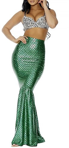 ensswliz Meerjungfrauen-Rock für Damen, Kostüm, Halloween, Cosplay, ausgefallene Pailletten, langer Schwanz, Fischschwanz-Rock mit asymmetrischem Netzeinsatz (A-Grün, M)