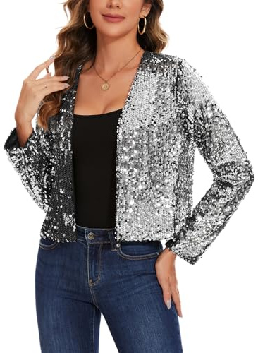Kyzoeyou Damen Pailletten Strickjacke Kurz Offene Vorne Cardigan Langarm Bolero Dünne Elegant Glitzer Jacke Bolerojacke