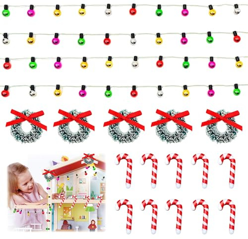 XCSJ Festliche Weihnachtsdekoration Set | 2m dekorative Lichterkette, kleine Weihnachtskränze und dekorative Mini-Krücken für Innenräume, Gartenarrangements