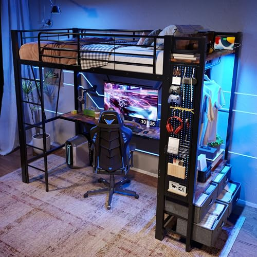 SACOOL Cama alta de 90 x 200 cm, estructura de hierro con escritorio, barra de secado, con estantes, 4 cajones, USB + tipo C, barra LED, barandilla, escalera con agujeros, sin colchón