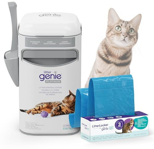 Litter Genie Platinum Poubelle à litière pour Chat. Anti odeurs. Acier Inoxydable Durable, Blanc. Usage et Entretien faciles. 1 Recharge 3 Mois / 12 Sacs Easy Roll et Pelle incluses.