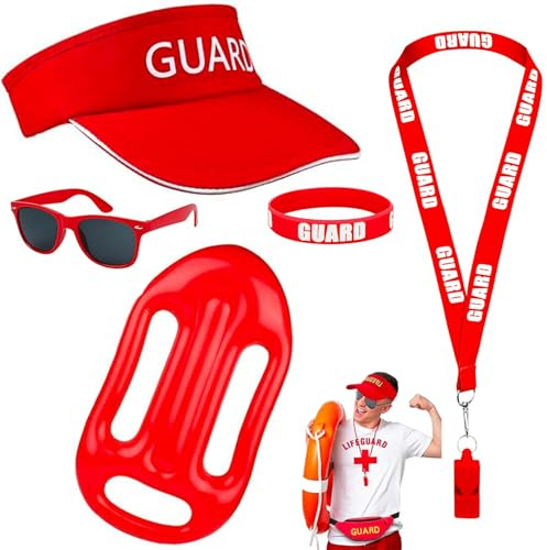Baywatch-Kostüm, 5-teiliges Set, Rettungsschwimmer-Kostüm mit Rettungsschwimmer-Hut, aufblasbarem Schwimmkörper, Armband, Sonnenbrille und Pfeife für Damen und Herren, Strand, Pool, Cosplay, Mottopa