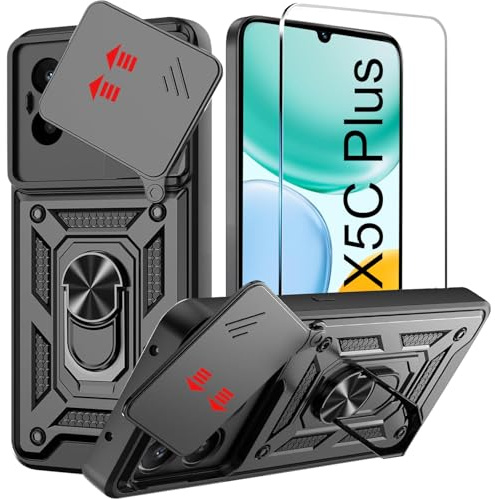 Displayschutzfolie für Honor X5C Plus, Handyhülle mit Kamera-Abdeckung, Schieber, 360 Grad Ganzkörperpanzer, robuste Schutzhülle, Ringständer, Militärqualität, Schutzhülle, gehärtetes Glas, Honor X5C