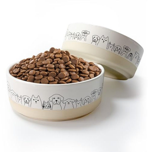 Ceramic Dog Bowls Set of 2，6.1inch Wide Dog Food Bowl with Cute Patterns Printing for Small Medium and Large Breed Dogs,Weighted Pet Feeding Dishes for Food and Water Dishwasher Safe