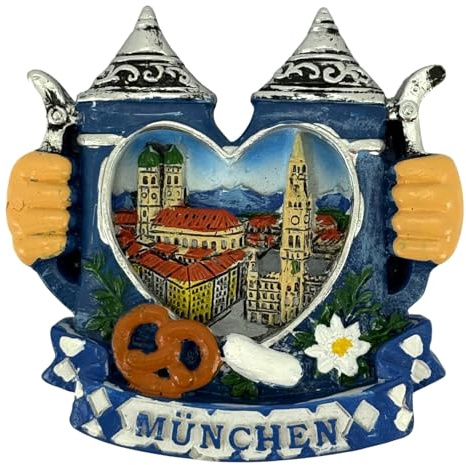 Kühlschrankmagnet Souvenir – Bierkrug Motiv mit München Stadtansicht im Herz, 3D Magnet – Reiseandenken Mitbringsel & Geschenkidee