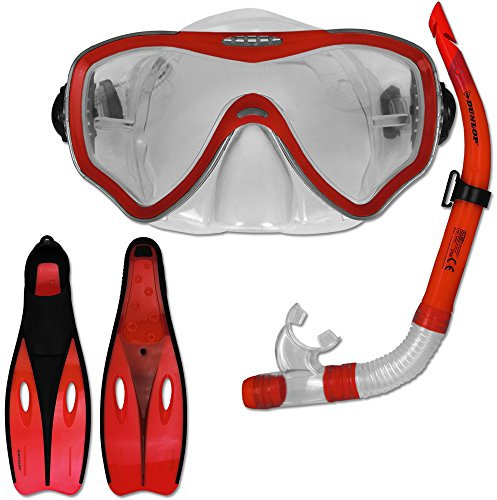 TW24 Tauchset Dunlop mit Farb- und Größenauswahl - Schnorchel Set - Tauchermaske - Schnorchel - Schwimmflossen (Rot, 38-39)