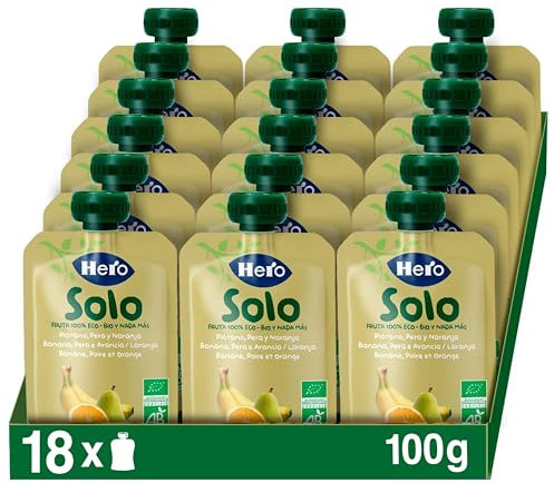 Hero Solo - Gourde Bio De Banane, Poire et Orange – Puree de Fruits BIO 100% Naturels, Compote Sans Sucre Ajouté, Sans Gluten - pour Bébés Dès 4 Mois - Lot de 18 X 100 g