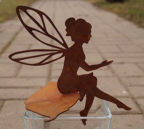 Unbekannt Edelrost Fee Fabienne sitzend auf Blatt 17cm filigran Gartendeko Figur Elfe