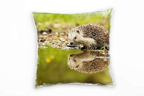 Paul Sinus Art Tiere, Igel, Spiegelung, braun, grün Deko Kissen 40x40cm für Couch Sofa Lounge Zierkissen - Dekoration zum Wohlfühlen