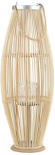 Bambusholz Deko Laterne heller Holzfarbtone/ Natural Flechtoptik Windlicht mit Glaseinsatz Retro Gartenlaterne Kerzenhalter Kerzenständer 84 cm Tahiti