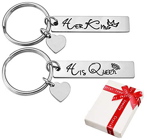 2 Stück Pärchen Schlüsselanhänger mit Gravur His Queen und Her King Crown,Memorial Edelstahl Glatt Rechteckig Schiefe Herz Anhänger Silber Schlüsselring für Partner Paar Couple Freund Geschenk
