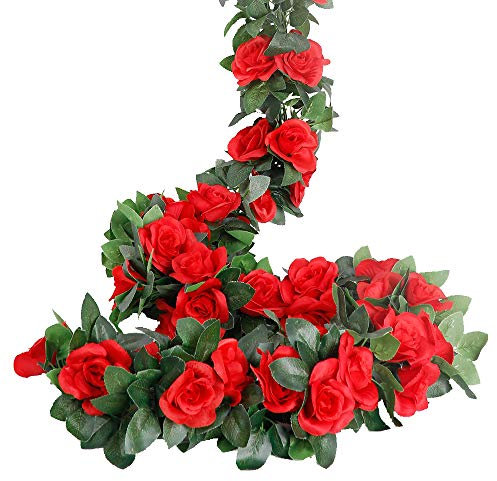 LESING Rosengirlanden, künstliche Rosenranken, 4 Stück, künstliche Seidenblumengirlanden mit grünen Pflanzen, Hochzeit, hängende Blumenranken, Girlanden für Zuhause, Büro, Bogen, Gartendekoration