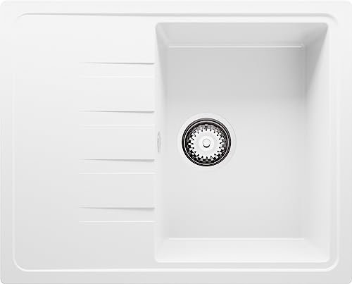 PRIMAGRAN Fregadero Cocina Blanco 62x50cm, Granito 1 Seno + Sifón, Sobre encimera al mueble 40cm - Milano
