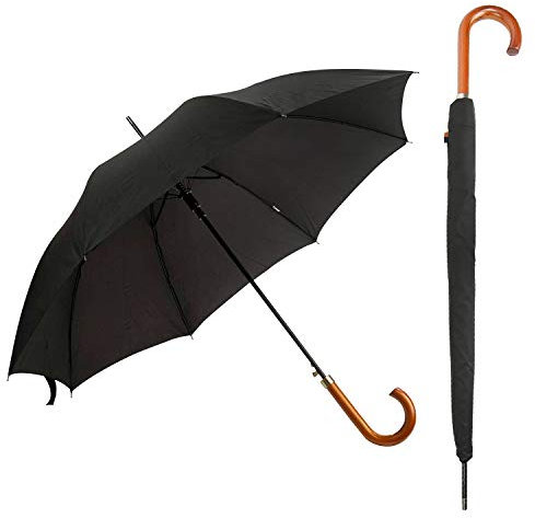 DUA Klassischer Herren-Regenschirm mit Holzgriff, Hülle und starkem Fiberglas-Stiel, Schwarz