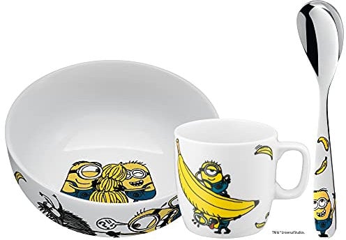 WMF Minions - Vajilla infantil de porcelana con cuchara, 3 piezas, a partir de 3 años, taza infantil, cuchara infantil, juego de desayuno, apto para lavavajillas, color y apto para alimentos
