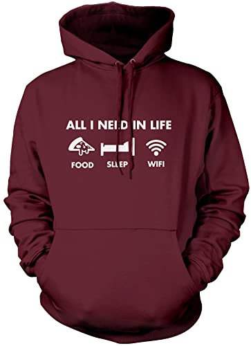 HotScamp All I Need In Life Food Sleep WIFI Unisex Adults and Kids Hoodie - Funny Millenial Teenager Gamer Lazy 12-13 Years, Maroon