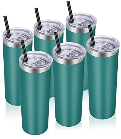 VEGOND Bicchieri in acciaio inox, confezione da 6, 20 once isolati sottovuoto con coperchio e cannuccia, tazza da caffè a doppia parete, tazza da acqua da viaggio, verde scuro