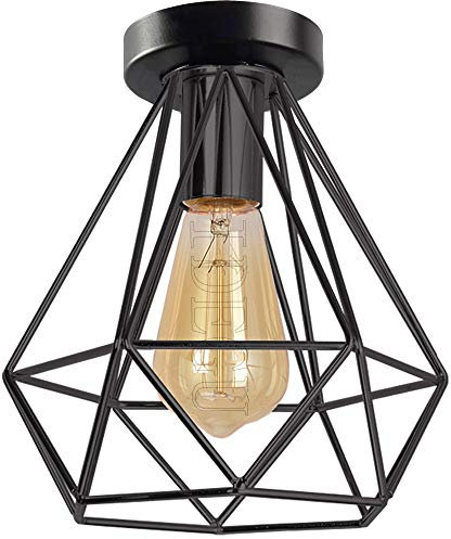 iDEGU Deckenleuchte Retro Ø200 mm E27 Licht Vintage Metall Käfig Hängeleuchte Diamantform Deckenlampe für Schlafzimmer, Café, Bar, Restaurant, Küche - Schwarz