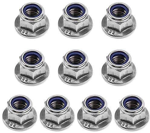 QWORK 10 Pezzi M10 Dadi di Flangia Autobloccanti con Inserto in Nylon, Dadi di Bloccaggio Esagonali di Acciaio Inox 304