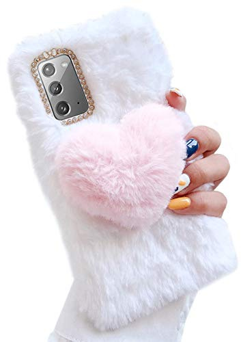 Jorisa Weich Plüsch Hülle für Huawei P30 Pro,Niedlich Kaninchen Pelz Flauschige 3D Liebe Herz Winter Warm Mädchen Frauen Handyhülle Süß Hasenhaar Glitzer Diamant Silikon Hülle,Weiß + Rosa