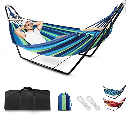 Hamaca con Soporte Metalico Hamaca de Doble Personas Algodón Portátil con Bolsa para Niños Adultos Camping Viajes Playa Terraza Playa Mochileros, 200 * 150cm, Carga MAX 150kg