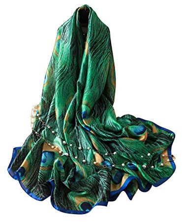 Fiauli Modischer Schal mit Pfauenfedern, weich, bequem, für Damen, Seide, zum Überziehen, Strand, Reisen, waschbar, schnell trocknend, Kopftuch für Frauen, grün, One size