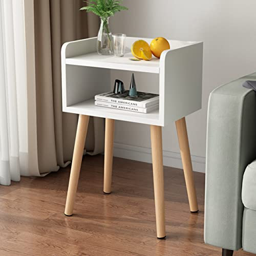 LUCKNOCK Mid Century Moderner Nachttisch, weißer Nachttisch aus Holz, hoher Beistelltisch mit offenem Aufbewahrungsregal, kleiner Nachttisch für Schlafzimmer, Kinderzimmer und kleine Räume