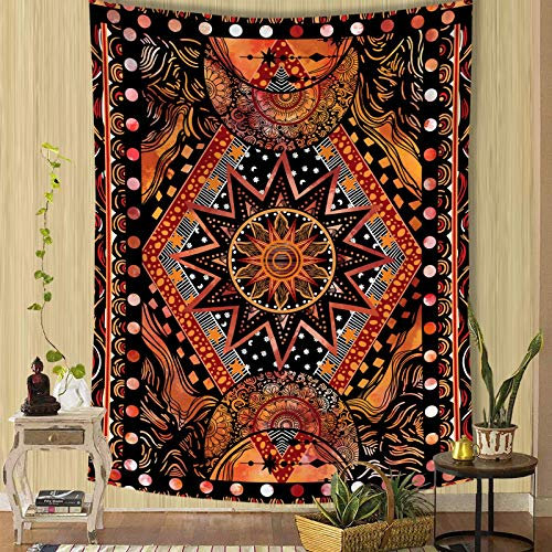 Fowocu Orange Sonne und Mond, Wandbehang, Indie, Hippie, Mandala, cooler Wandteppich, ästhetischer Wandteppich für Schlafzimmer, Wohnzimmer, Wohnheim (Orange, 180 x 229 cm)