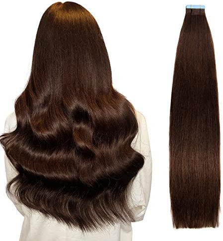 AGMITY Tape in Extensions Echthaar, 50cm 20pcs 50Gram 20 Zoll Dunkel Braun Seidig Gerade Nahtlos Skin Weft Tape in Remy Haarverlängerungen(50cm #2 Dunkel Braun)