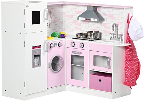 HOMCOM Cuisine d'angle pour Enfants avec Accessoires, Sons et lumières - en MDF - Rose et Blanche