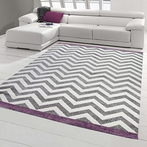 Teppich Wohnzimmer modern Skandinavisches Design in Lila Creme Grau Größe 80x150 cm