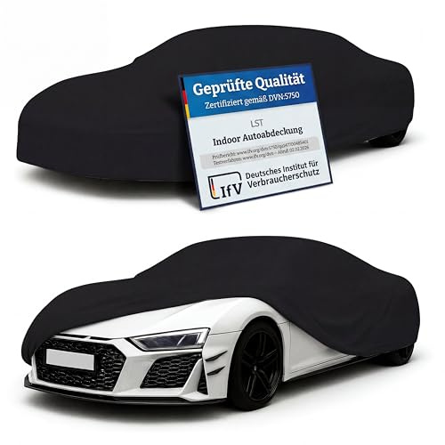LST Autoabdeckung Indoor – lackschonende und Dehnbare Autogarage. Car Cover Innenbereich für Autohäuser und Endverbraucher. Auto Abdeckplane schützt vor Sonne, Staub. (Schwarz, L (450x140x120cm))