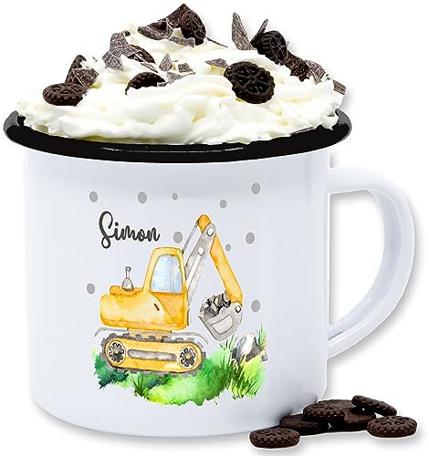 Emaille Tasse Blechtasse - Bagger I Baggerfahrer Geschenk - 300 ml - Weiß Schwarz - becher baufahrzeuge children's cup excavator baufahrzeug name tassen kinder trinkbecher fahrzeug digger