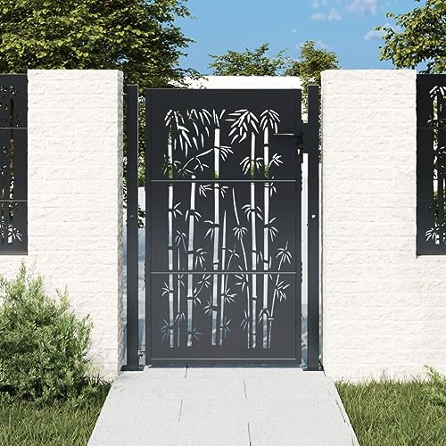 Festnight Puerta de Jardín Metalica Cancela de Valla Barrera de Jardín Puerta de Valla de Jardín Entrada Exterior de Acero Inoxidable, Robusta y Duradera, Gris Antracita Diseño Bambú 105x130 cm
