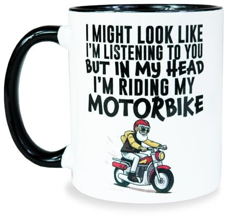 MUGEMS Motorbike Mug - 'In My Head I'm Riding My Motorbike' - Funny Motor Bike Mug, Motorcycle Biker Gift, Dishwasher Safe Premium Novelty Cup, Secret Santa, Christmas