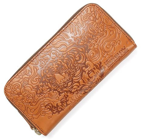 RED GLOW Herren Geldbörse Lang Made in Japan Tochigi Leder Echtes Leder RG-008 Runder Reißverschluss Tiger Muster, CAMEL, Lange Geldbörse aus Leder