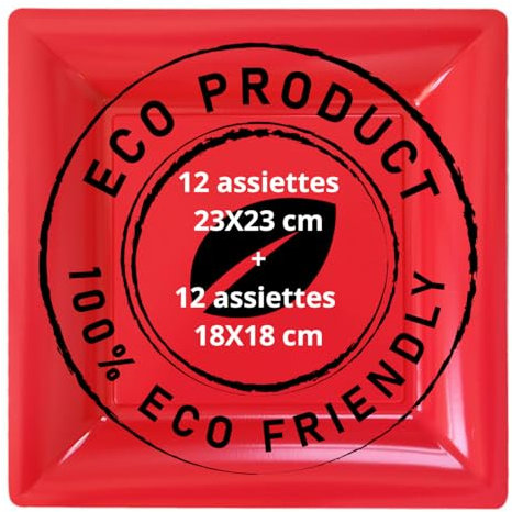 Kit Assiette Plastique Rouge Incassable Réutilisable | 24 Assiettes Rigides Carrées Plates | Table de NOEL | Lavable à Froid | Vaisselle Eco Responsable