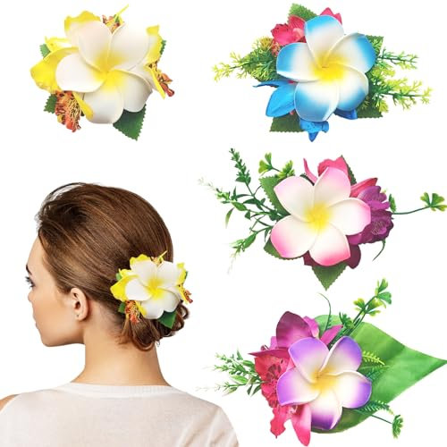 HIFOT 4 Stücke Bunte Haarspangen Damen, Hawaii Blume Haarklammern Mädchen, Frangipani Haarschmuck Blumen Haarklammer Groß Haarclips Kinder Haarschmuck für Frauen Party Haarstyling Haarnadeln Hochzeit