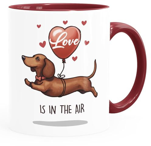 Moonworks® Tazza da caffè con scritta in lingua tedesca Love is in the Air, con scritta in lingua tedesca Love, con scritta Love is in the Air, colore bianco e rosso bordeaux