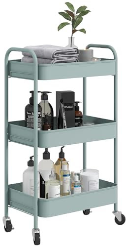 HOMCOM Carrito Auxiliar con Ruedas Carrito de Almacenamiento con 3 Cestas y Marco de Acero para Salón Dormitorio Oficina Cocina 45x30,6x79 cm Azul Claro