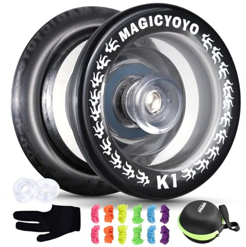 Responsive JoJo K1 Tug Return Jo-jo Kristall Schwarz, Tricks Jo Jo für Kinder Anfänger mit 2 JoJo-Hubstacks + 12 JoJo-Saiten + JoJo-Koffer Tasche + JoJo-Handschuh