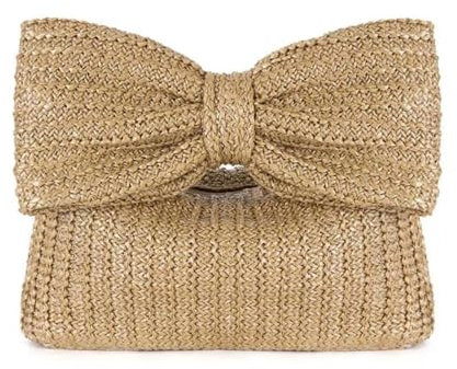 Bolso de mano con lazo, bolso de mano de paja para mujer, bolso tejido de playa de verano para fiestas y bodas, Khaki, 9.45 Inches