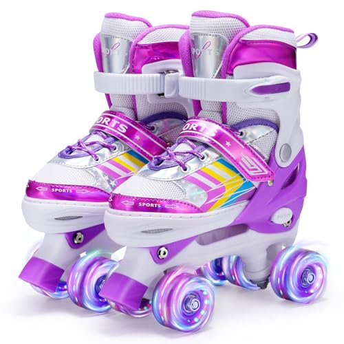Kids Roller Skates for Girls Boys Adjustable, 8 Light Up Wheels Quad Skates for Girls Boys Toddler Beginners Indoor and Outdoor Fun. (Purple, UK 1-4)
