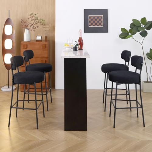 Barhocker 4er Set, Barhocker mit Lehne, für Küchenstuhl, Barstuhl, Tresenhocker, Design Hocker, runde Tresenhocker mit gut gepolstert, einfache Montage, Sitzhöhe 70 cm, Schwarz